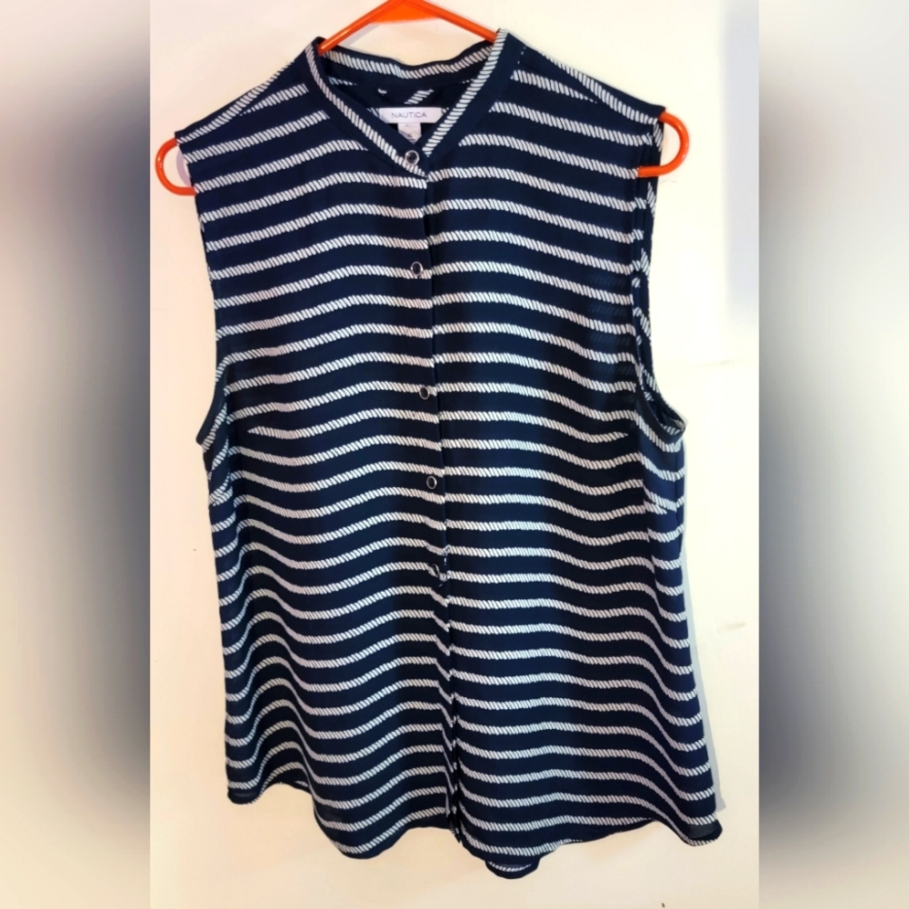 Nautica Blue and White Sleeveless Button Down Shirt NWOT
